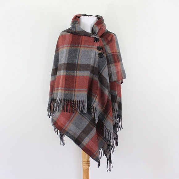 The Shepherd's Knot Sweaters - New Italy Wool Poncho Wrap Plaid Red Gray Purple